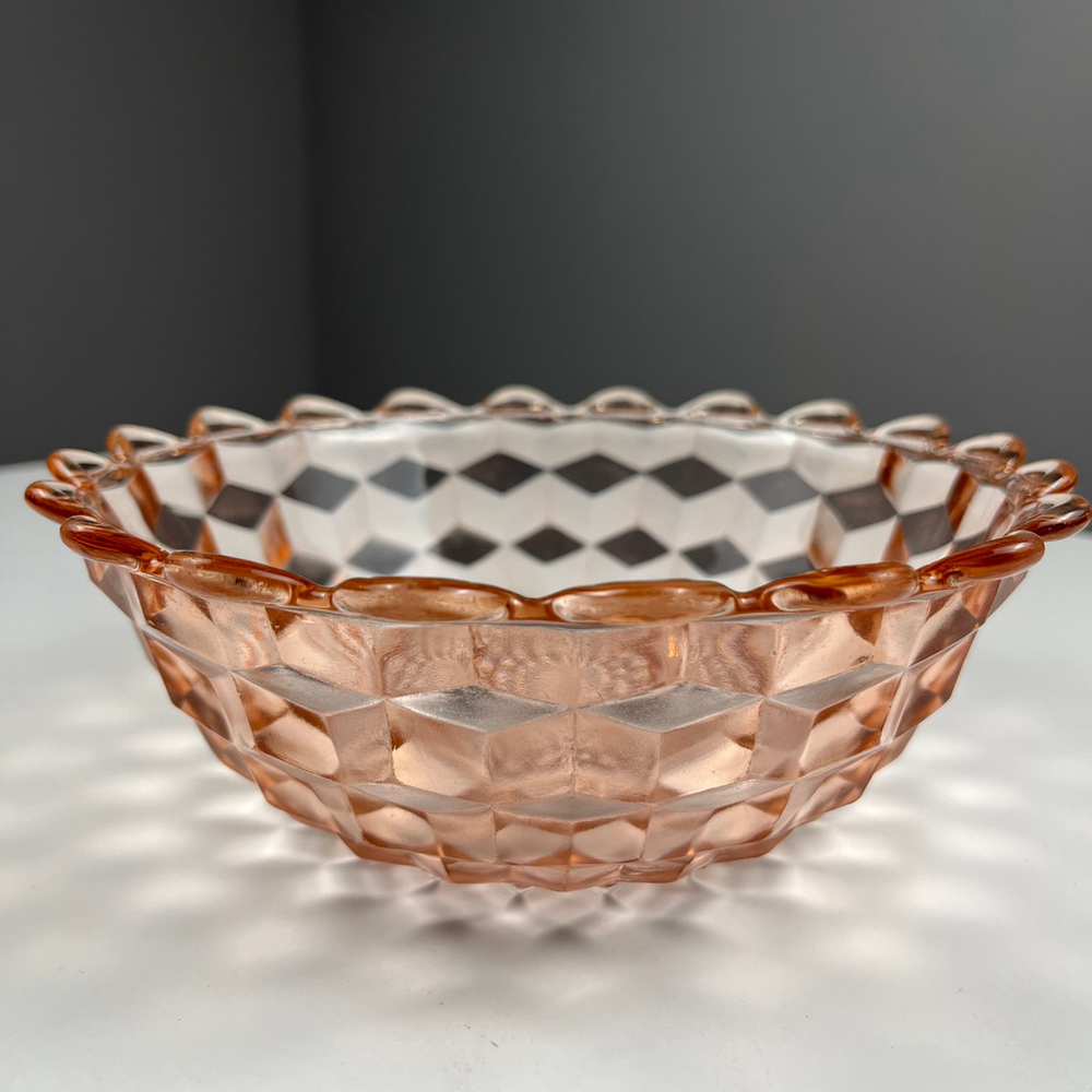 Vtg Jeannette depression glass pink geometric cube pattern cubist bowl scallop